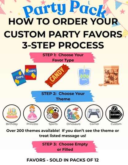 Personalized Party Favors – Custom Snack Labels or Filled Treats for Birthdays, Baby Showers, Weddings & Events