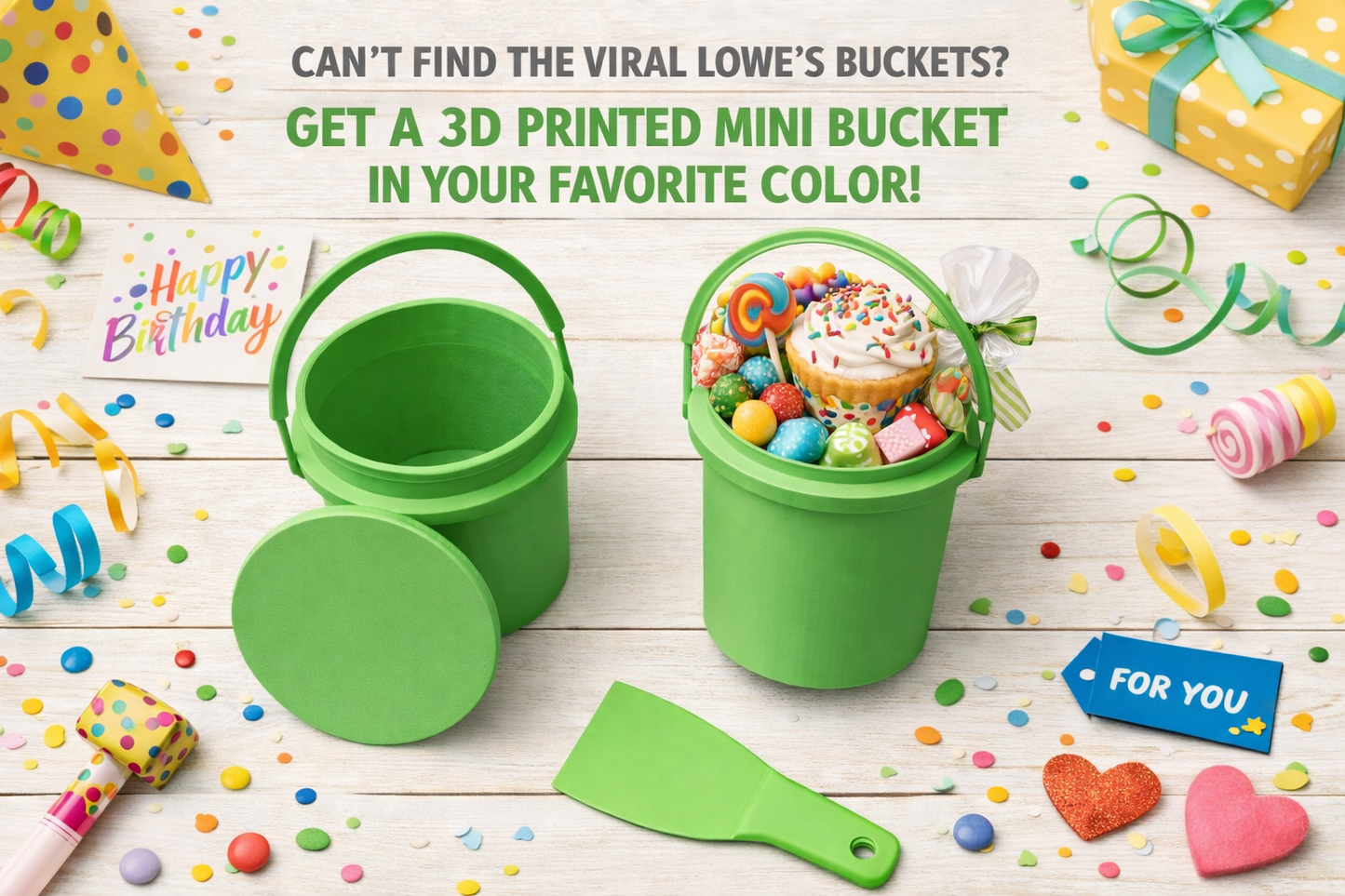 Custom 3D Printed Mini Bucket w/Lid & Handle | Viral Style Party Favor Container | Personalized Color Gift Bucket