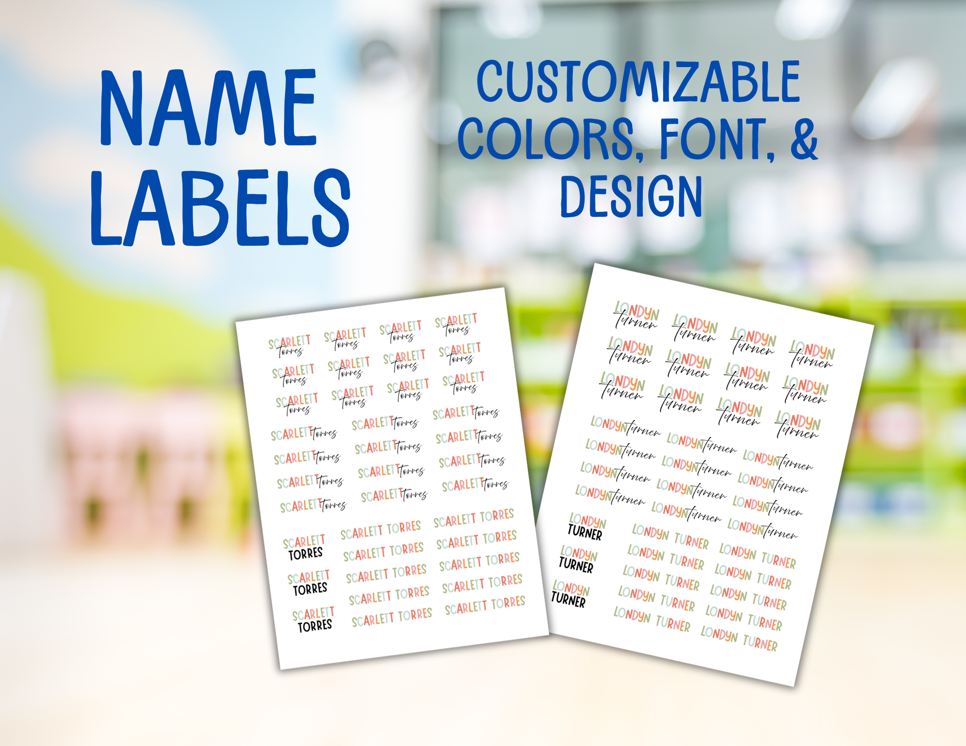 One sheet of name labels with customizable colors, font, & theme.