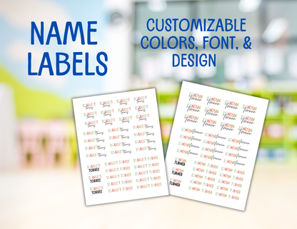 One sheet of name labels with customizable colors, font, & theme.