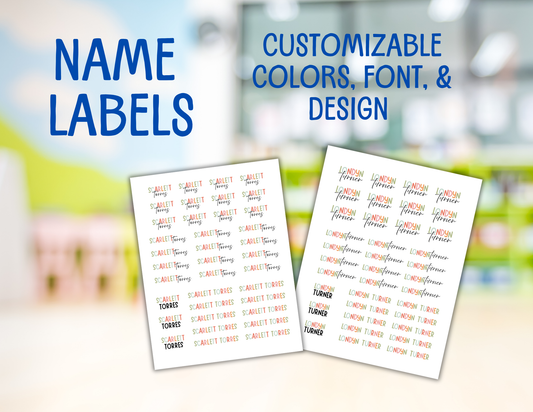 One sheet of name labels with customizable colors, font, & theme.